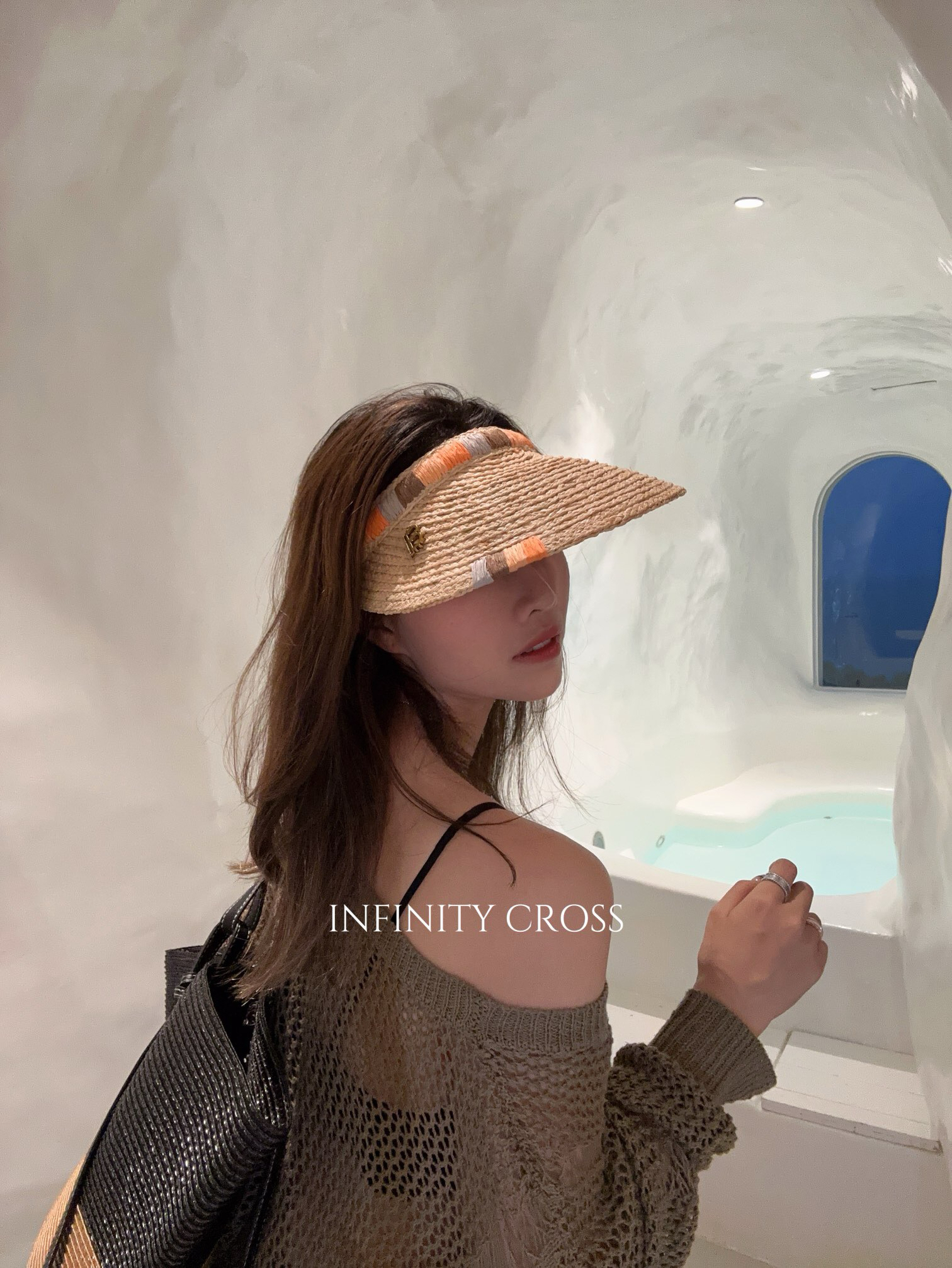 【INFINITYCROSS】轻奢重工撞色拉菲草空顶帽防晒沙滩发箍鸭舌帽-图0