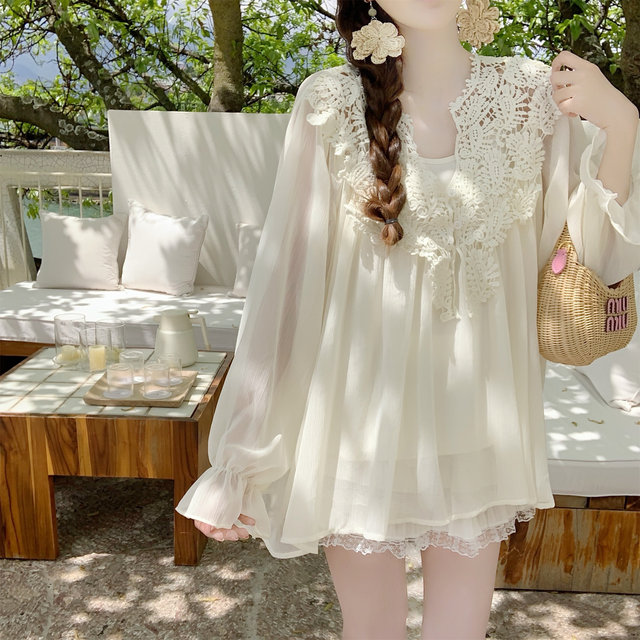 ເສື້ອ chiffon lace crocheted ແມ່ຍິງ
