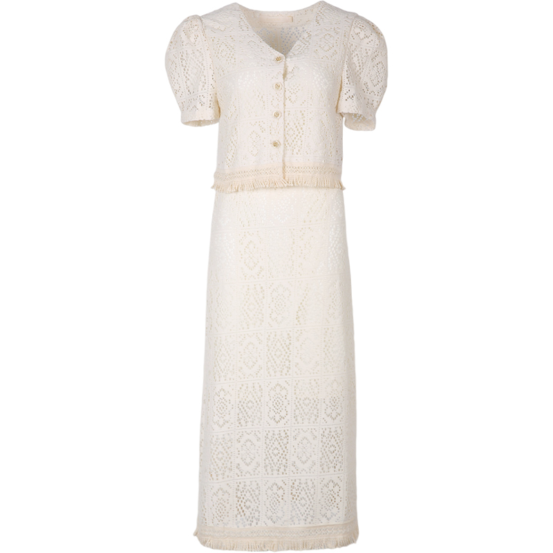 ZHUYIYI 2024夏季新款法式米白色蕾丝衫+半裙套装气质时尚两件套 - 图3