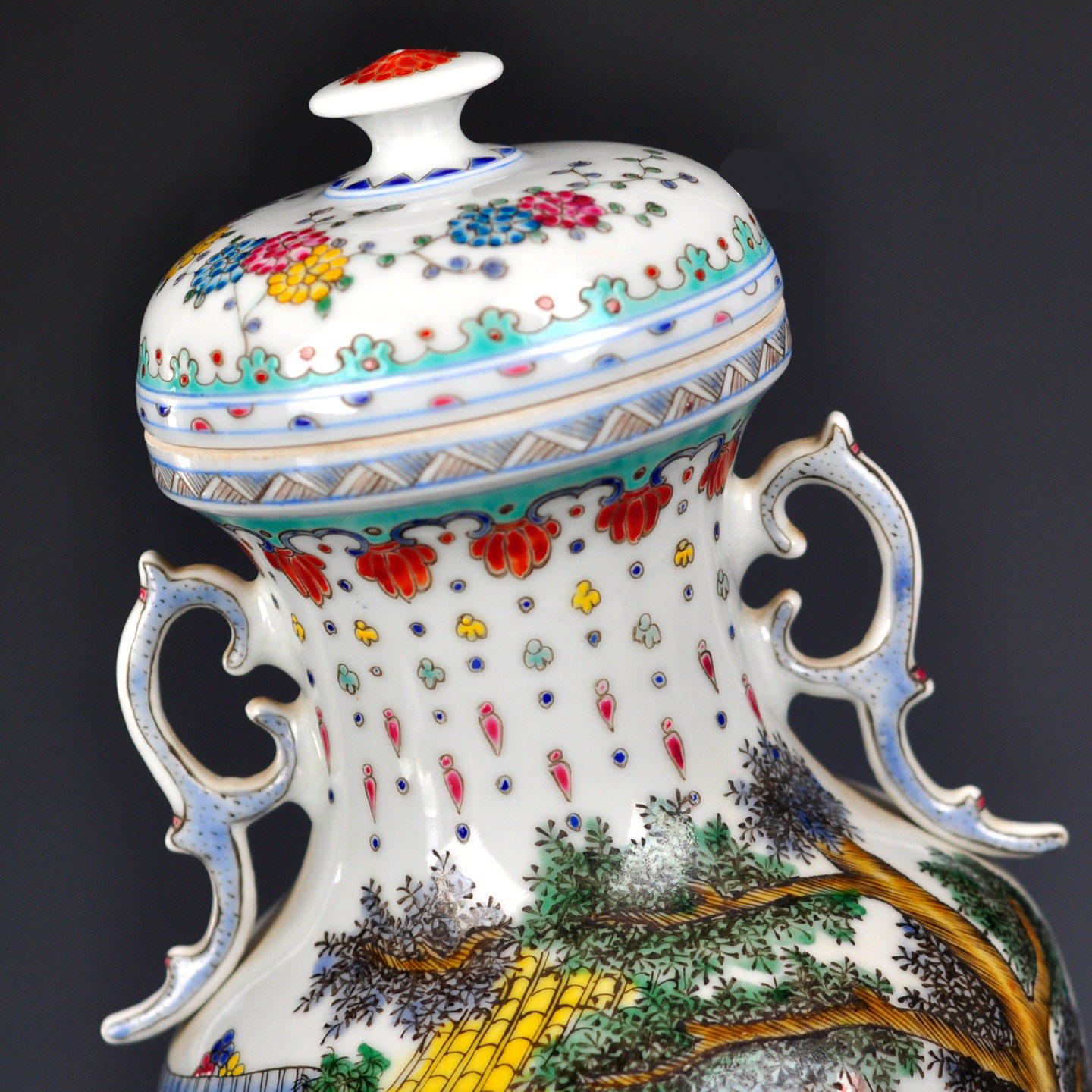 景德镇手绘粉彩双耳花瓶陶瓷古典装饰摆件带盖博古架工艺品摆设,淘宝优惠券,粉丝福利购,淘宝优惠卷