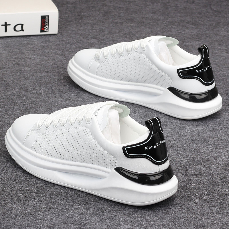 透气小白鞋男情侣款百搭厚底学生系带低帮板鞋潮流冲孔运动休闲鞋 - 图1