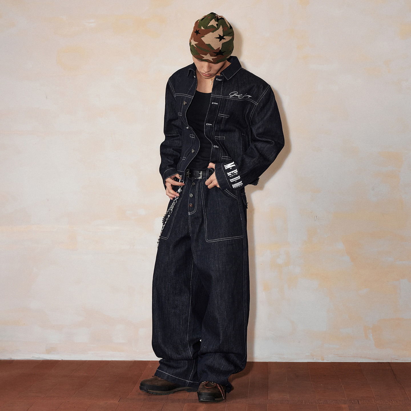 MEDM原牛明线纯色阔腿宽松牛仔裤男秋季美式街头复古风直筒长裤子,淘宝优惠券,粉丝福利购,淘宝优惠卷