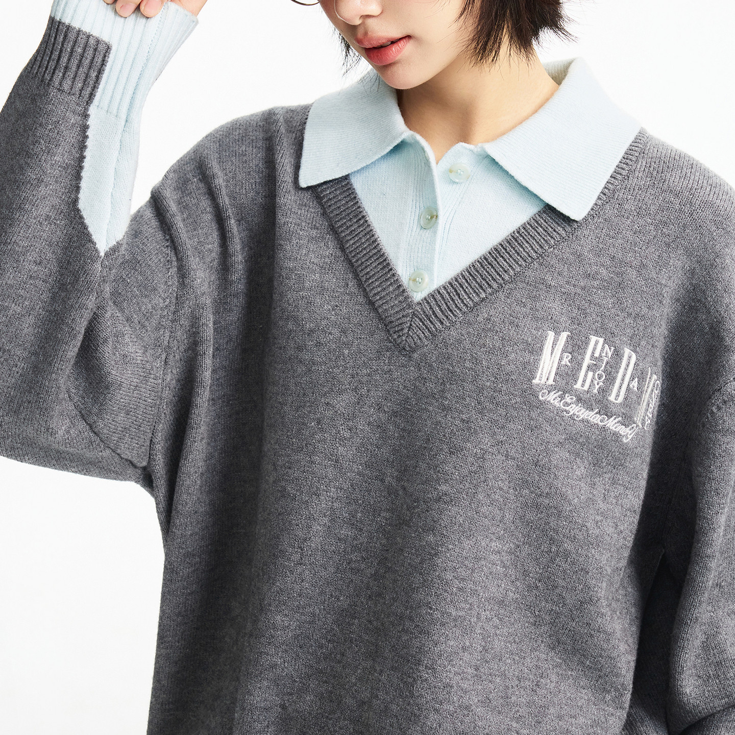 MEDM 撞色POLO领假两件叠穿薄款毛衣潮流男女老钱风休闲针织衫冬,淘宝优惠券,粉丝福利购,淘宝优惠卷