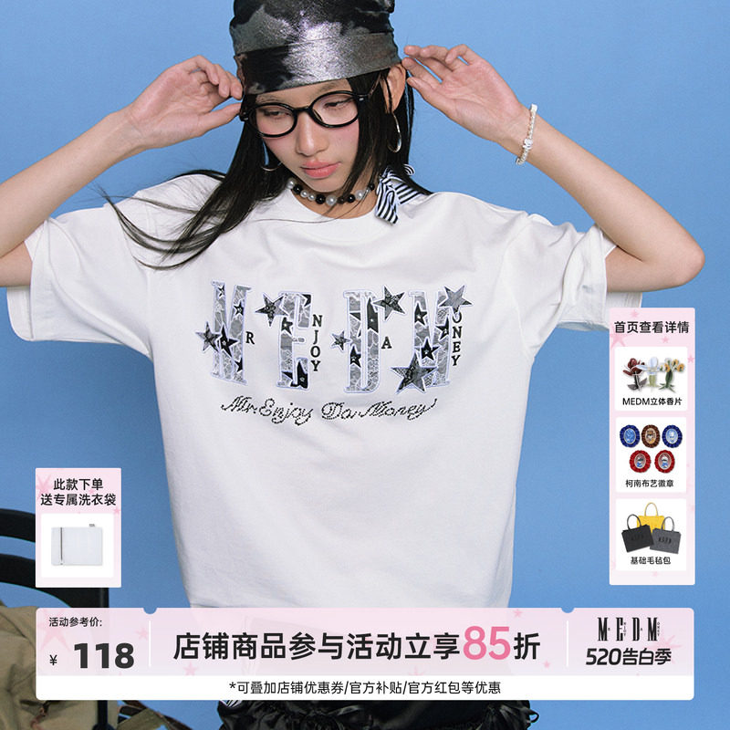MEDM25SS星星迸发蕾丝贴布短袖男士美式嘻哈夏季T恤女休闲情侣tee
