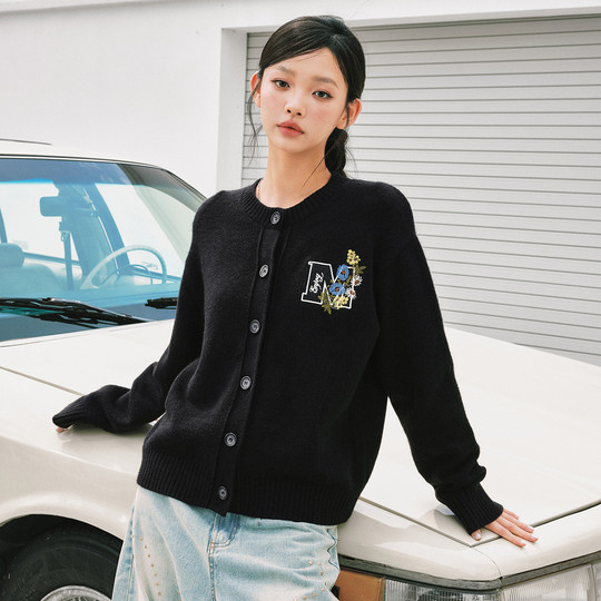 MEDM 线条花卉刺绣休闲开衫毛衣春秋男女慵懒宽松情侣针织衫外套