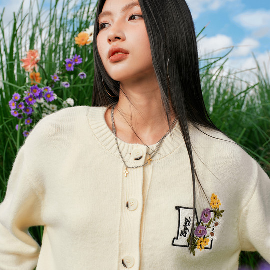 MEDM 线条花卉刺绣休闲开衫毛衣春秋男女慵懒宽松情侣针织衫外套