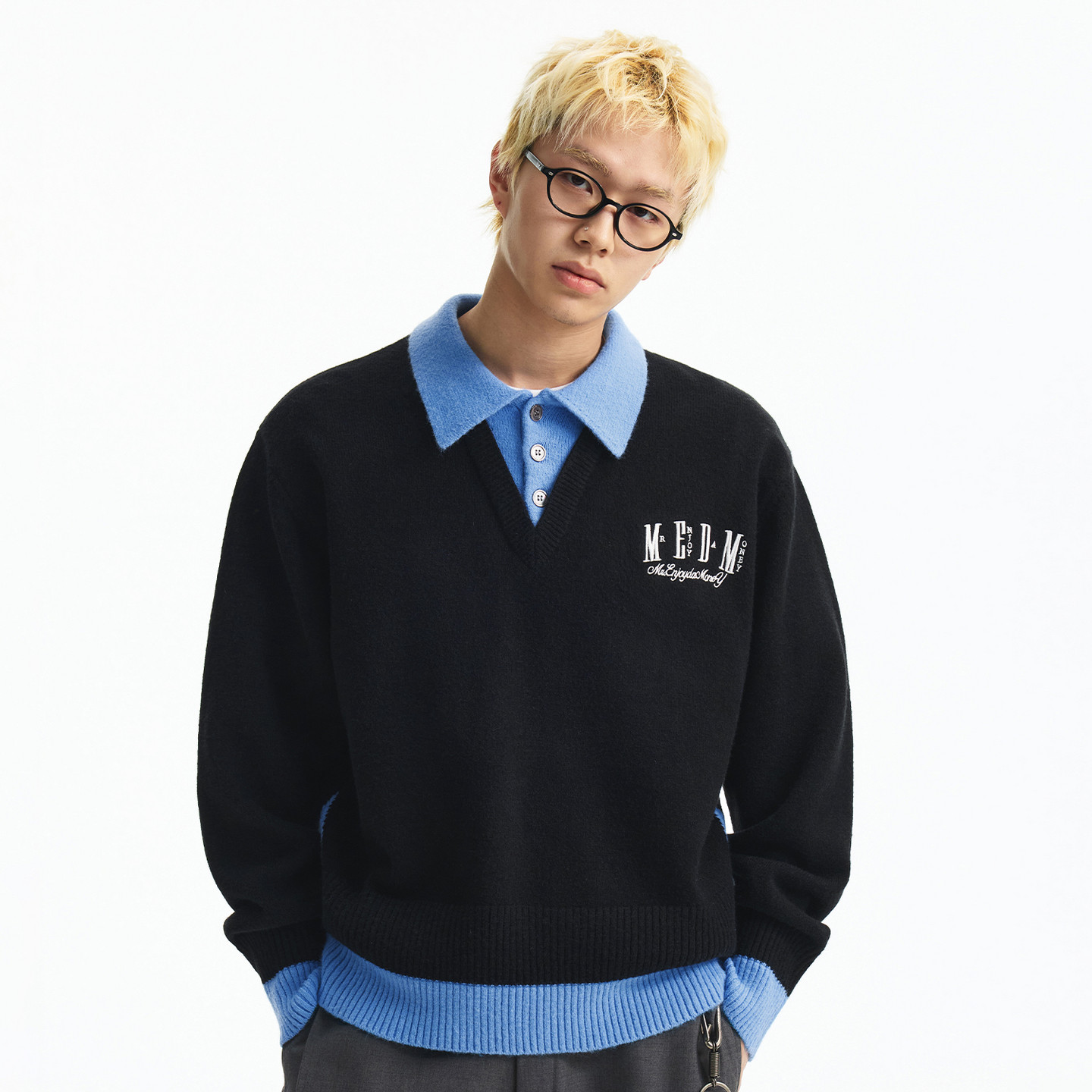 MEDM 撞色POLO领假两件叠穿薄款毛衣潮流男女老钱风休闲针织衫冬,淘宝优惠券,粉丝福利购,淘宝优惠卷