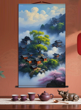 山云小屋 中式风景画客厅玄关走廊背景墙挂画丝绸卷轴画定制