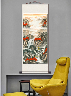 富水长流山水画办公室字画沙发背景装饰挂画大气客厅国画风水招财