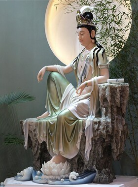 汉白玉彩绘水月观音佛像