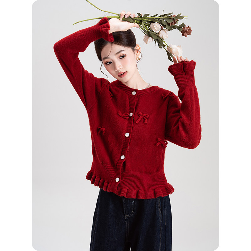 立体蝴蝶结木耳边针织开衫毛衣女2026春秋新款圣诞新年红外套上衣,淘宝优惠券,粉丝福利购,淘宝优惠卷