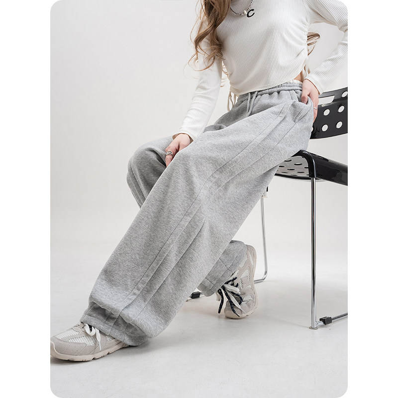 灰色高腰抽绳休闲卫裤女春秋加绒小个子撞色拼接垂感运动阔腿裤子,淘宝优惠券,粉丝福利购,淘宝优惠卷