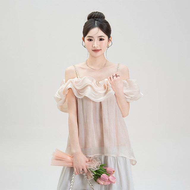 ເສື້ອຢືດ chiffon ແຂບບ່າດຽວສີບົວສຳລັບຜູ້ຍິງ