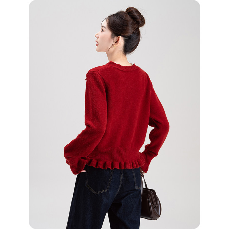 立体蝴蝶结木耳边针织开衫毛衣女2026春秋新款圣诞新年红外套上衣,淘宝优惠券,粉丝福利购,淘宝优惠卷