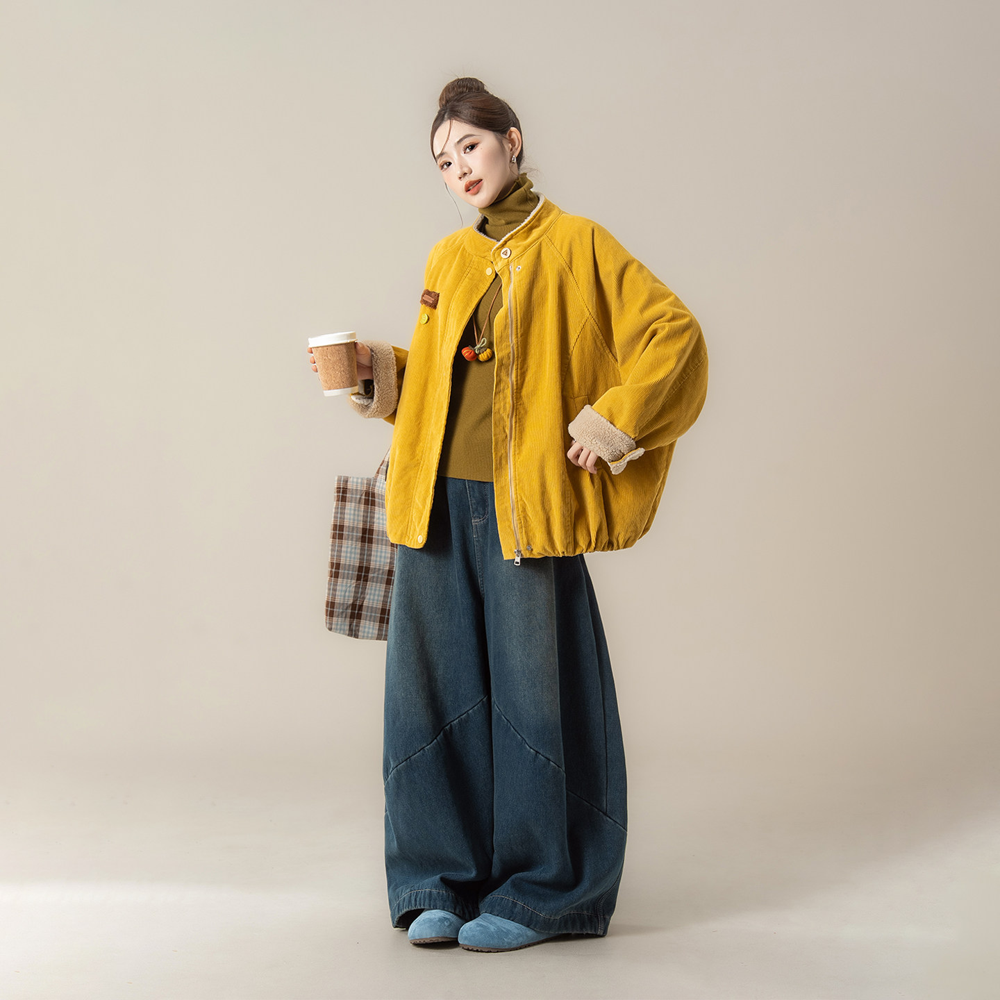 黄色灯芯绒加厚短外套女冬季新款宽松显瘦拉链立领羊羔毛长袖棉服,淘宝优惠券,粉丝福利购,淘宝优惠卷