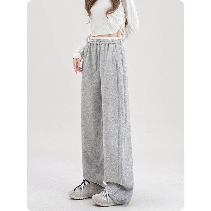 灰色高腰抽绳休闲卫裤女春秋加绒小个子撞色拼接垂感运动阔腿裤子,淘宝优惠券,粉丝福利购,淘宝优惠卷