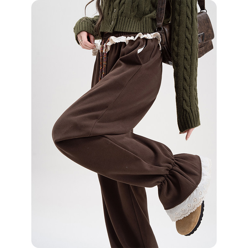 咖色蕾丝拼接荷叶边喇叭卫裤女春秋加绒松紧腰抽绳阔腿休闲长裤子,淘宝优惠券,粉丝福利购,淘宝优惠卷