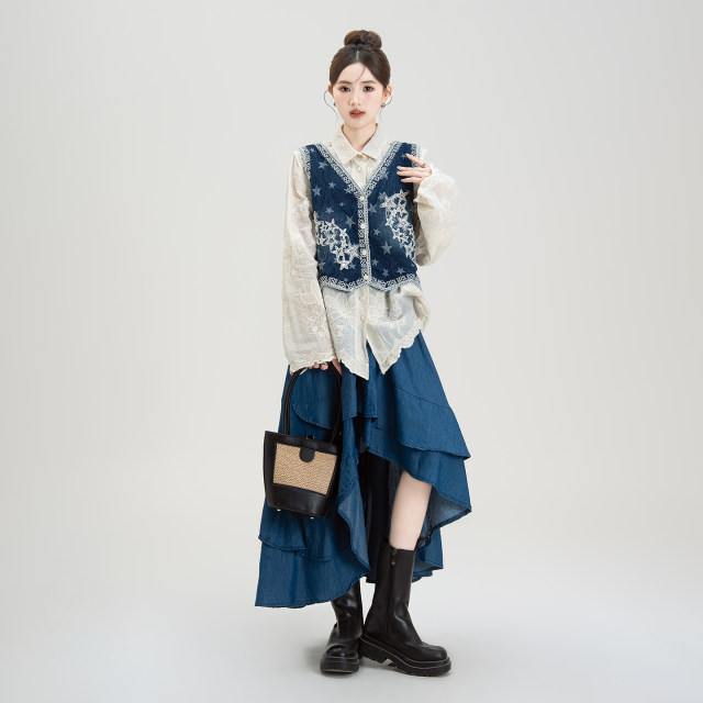 Apricot crochet embroidered ເສື້ອ vest ແລະຊຸດກະໂປງ