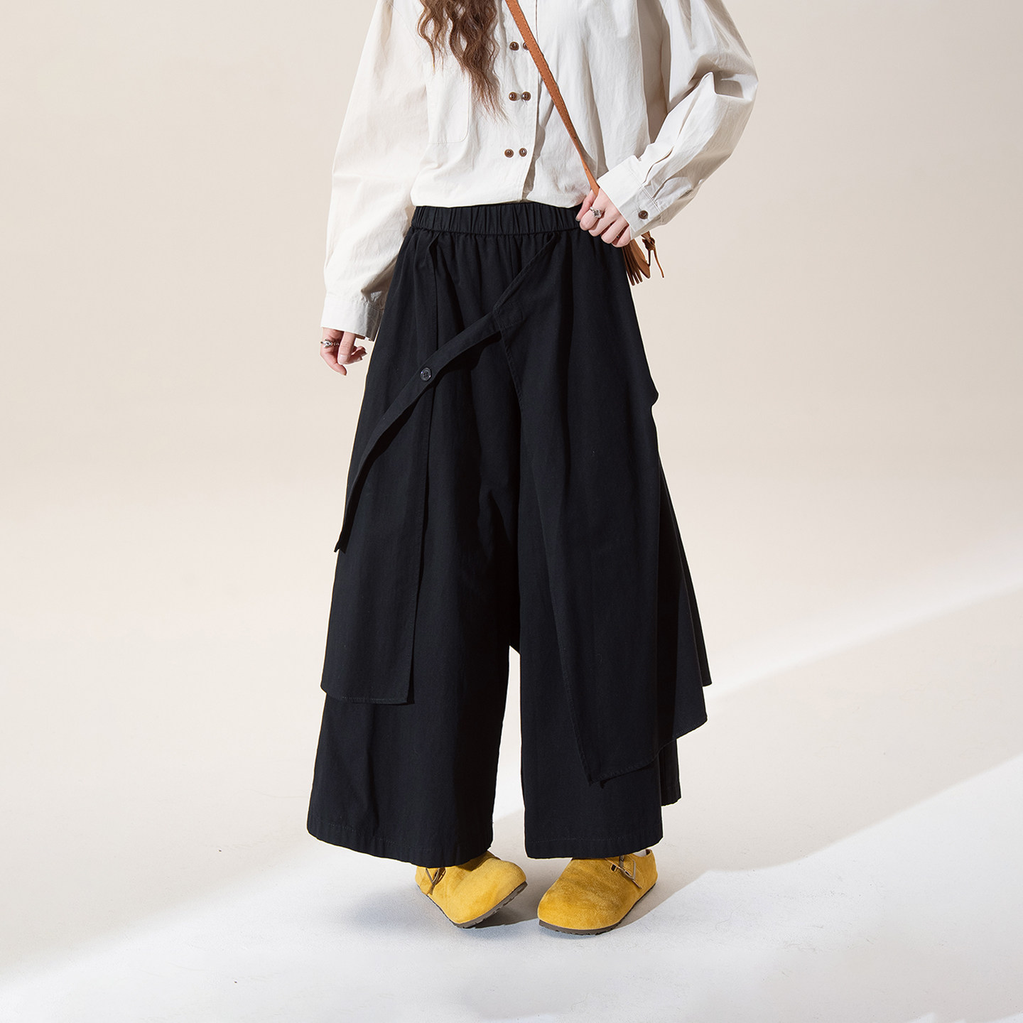 黑色山本风垂感裙裤女春季新款不规则拼接设计感九分阔腿休闲裤子,淘宝优惠券,粉丝福利购,淘宝优惠卷