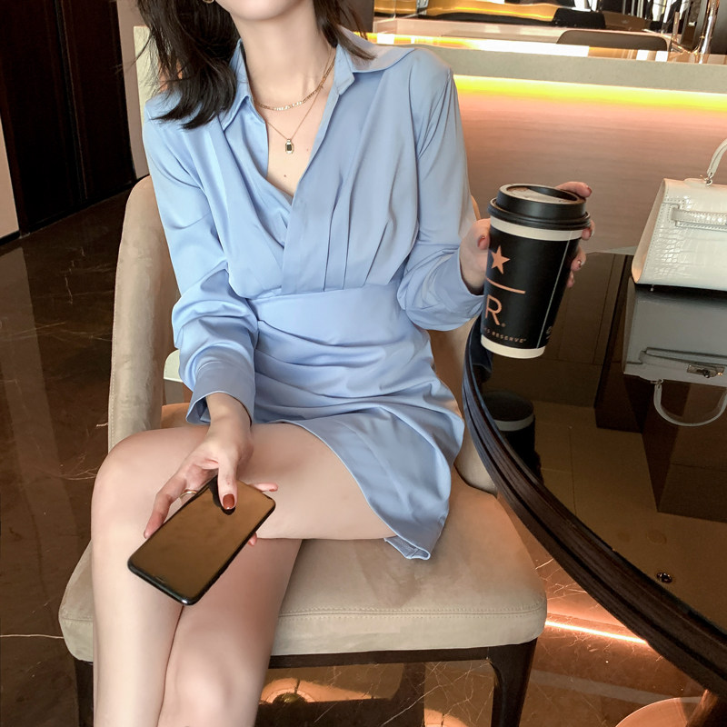 蓝色长袖连衣裙女秋装2023新款衬衫 nurtureone妮茨维旗舰连衣裙