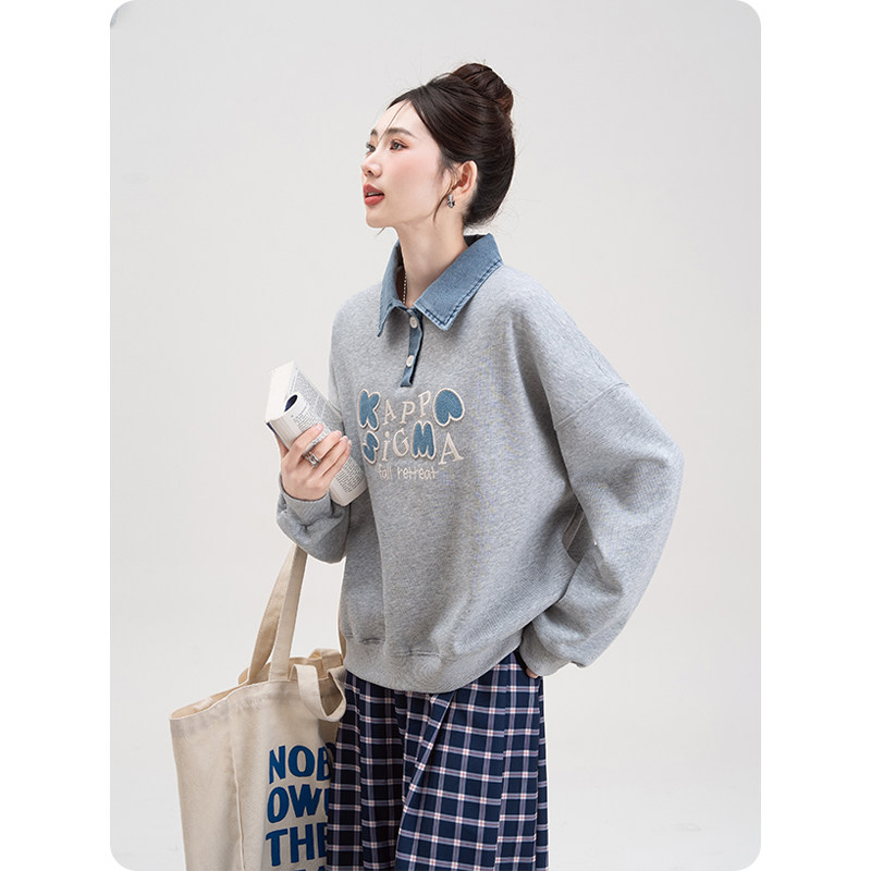 妮茨维花灰色字母刺绣polo领无帽卫衣女春装新款牛仔拼接长袖上衣,淘宝优惠券,粉丝福利购,淘宝优惠卷