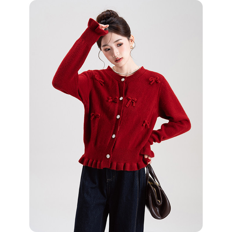 立体蝴蝶结木耳边针织开衫毛衣女2026春秋新款圣诞新年红外套上衣,淘宝优惠券,粉丝福利购,淘宝优惠卷