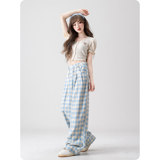 Dopamine ສີຟ້າ plaid ກາງເກງຂາກວ້າງສໍາລັບແມ່ຍິງ