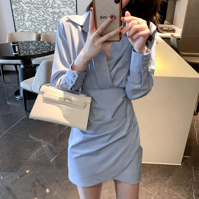 蓝色长袖连衣裙女秋装2023新款衬衫 nurtureone妮茨维旗舰连衣裙