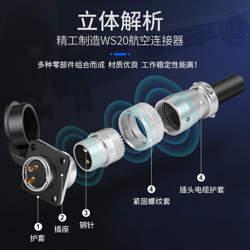 WS20航空插头 方形插座2 3 4 5 6 7 9 芯对接头TQ/Z连接器DS弯头 - 图1