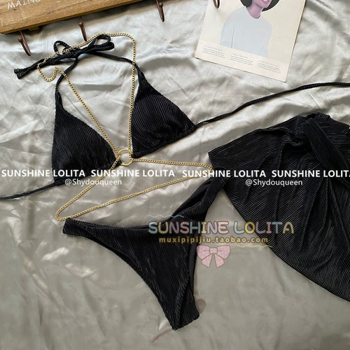 Черная цепь, купальник, комплект, брендовая сексуальная пляжная юбка, 3 предмета, популярно в интернете