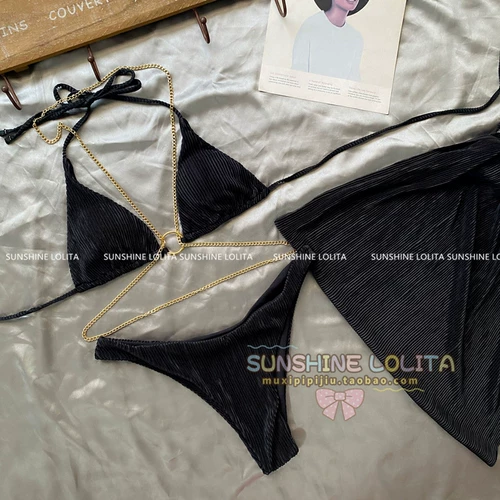 Черная цепь, купальник, комплект, брендовая сексуальная пляжная юбка, 3 предмета, популярно в интернете