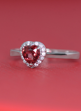 经典爱心天然石榴石925纯银镀18K白戒指围锆石温柔通勤直播拿货