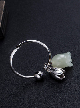 纯银和田玉风铃草首饰品花朵戒指