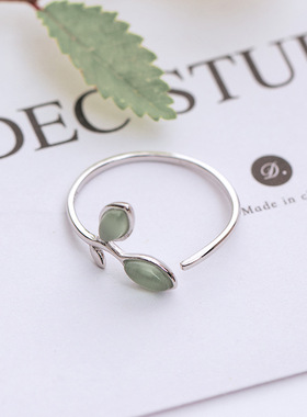 嫩芽绿叶子手饰品复古风戒指环