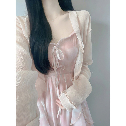 法式仙气长裙超仙森系甜美温柔风开衫粉色吊带连衣裙两件套装裙夏-图3