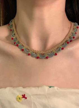 新中式简约吊坠风撞色串珠流苏项链双层多层叠戴高级感锁骨