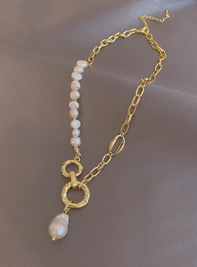 异形淡水珍珠圆环拼接项链韩版时尚气质网红设计感金属珍珠锁骨链