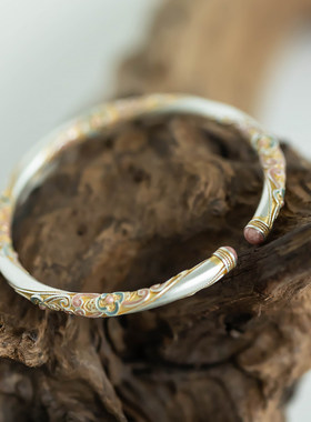 「惊鸿」足银9999国风新中式描金珐琅彩手镯重工四叶花实心祥云