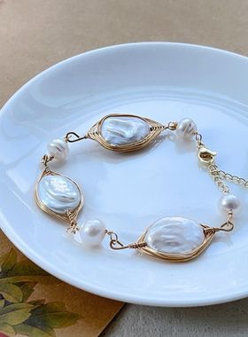 简约法式~天然巴洛克淡水珍珠手工绕线手链2026新款复古百搭时尚