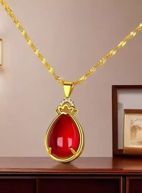 9999真金项链24k水滴红宝石吊坠