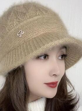 女款2024冬季帽子可爱新款时尚洋气双层保暖帽檐款毛线帽冬天帽女