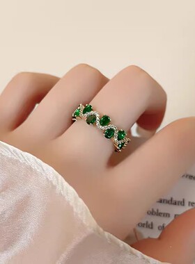新款锆石复古祖母绿开口戒指小众设计轻奢高级感指环简约气质百搭