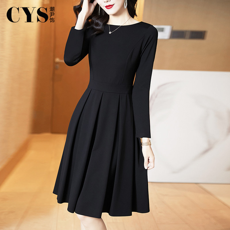 赫本风长袖2021秋冬新款黑色连衣裙 潮尹饰连衣裙