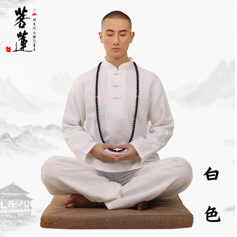 菩莲居士服男春秋季全亚麻棉麻厚款中国风唐装男打坐服套装禅修服_虎窝淘