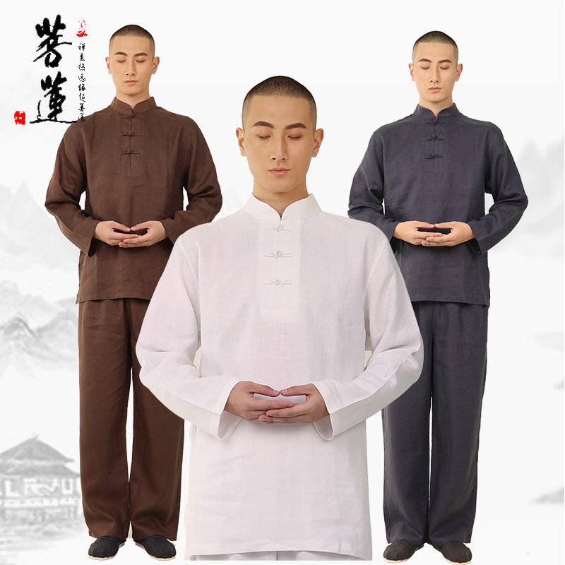 菩莲居士服男春秋季全亚麻棉麻厚款中国风唐装男打坐服套装禅修服_虎窝淘