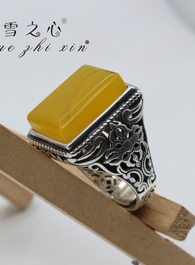 纯银方形金刚杵镶嵌蜜蜡戒指空托