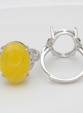 纯银托女款琥珀戒指925戒托镶嵌