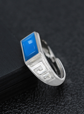 纯银墨翠蓝珀方形戒指空托