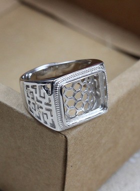 纯银双层长方形戒指空托