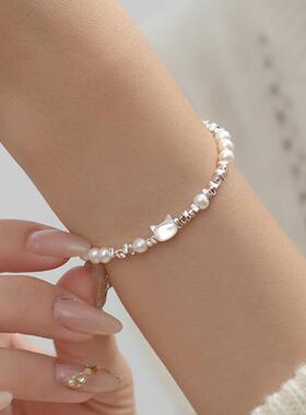 925纯银猫咪珍珠碎银手链